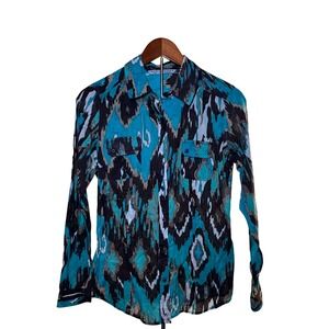 Signature by Larry Levine Button Down Women M Turquoise Ikat Print Cotton